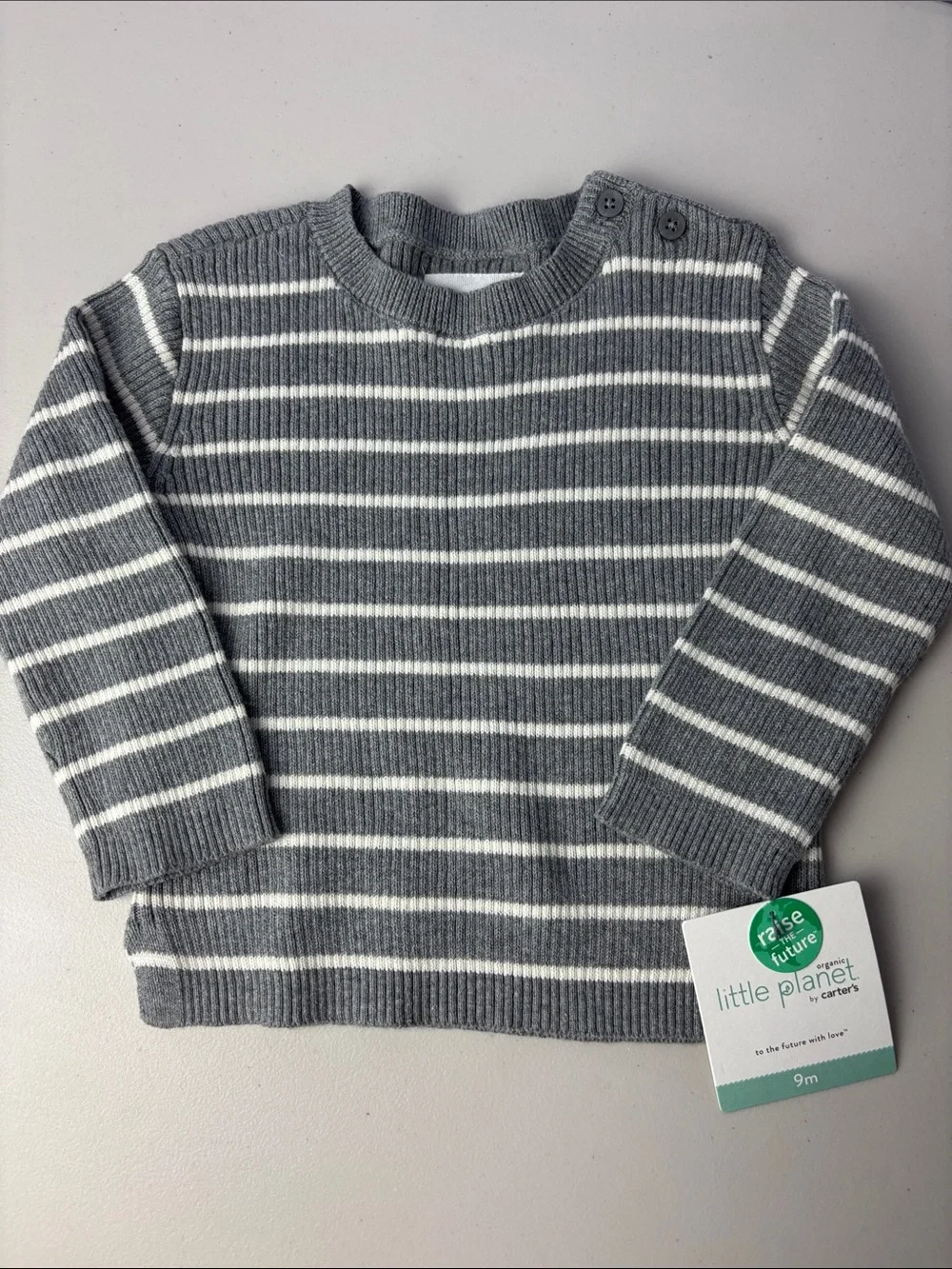 NWT Carter's Little Planet Gray & White Striped Baby Sweater